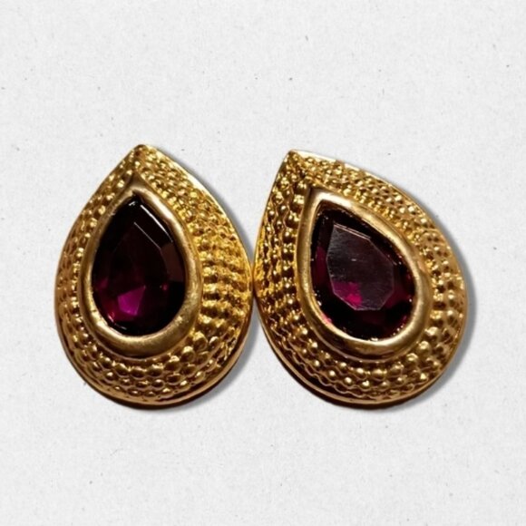 Vintage Teardrop Glass Earrings Clip on Style Comfortable Gold/Purple Women's OS - Picture 2 of 3